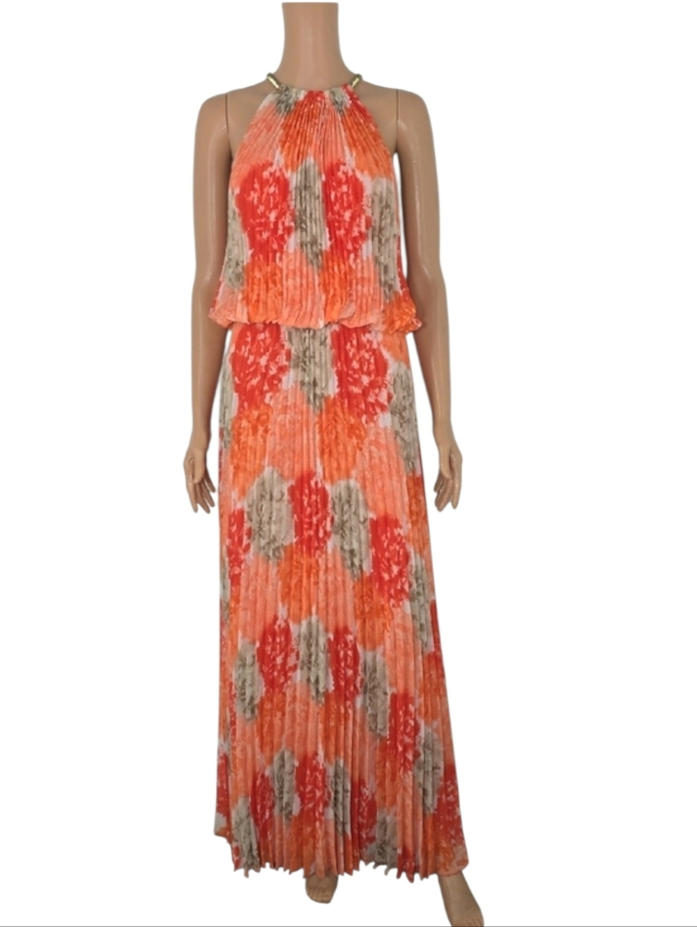 MSK Orange and Taupe Pleated Halter Maxi Dress Size 10 Medium